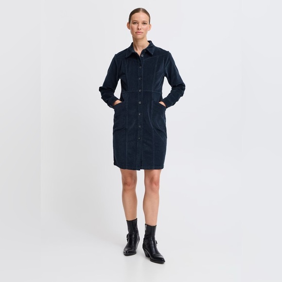 Blue Buttoned Tie Front Long Sleeve Dress - Picture 1 of 11